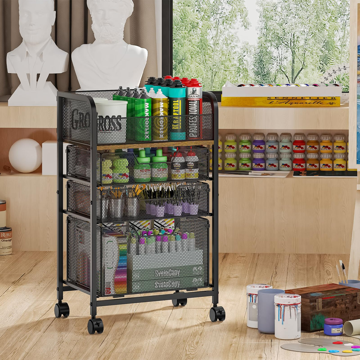 4-Tier Rolling Utility Cart with 3 Drawers C918