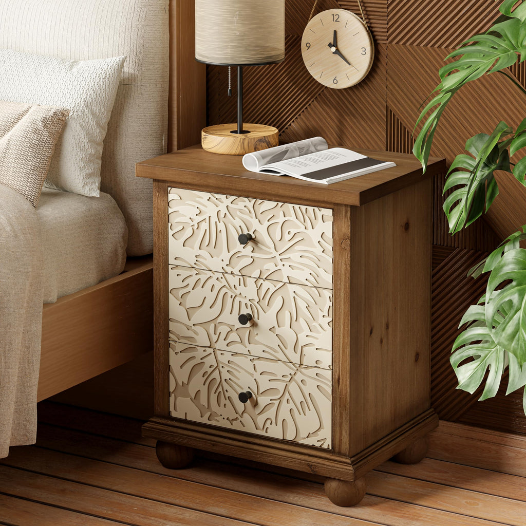 Rustic 3-Drawer Nightstand with Leaves Pattern Carved Z306