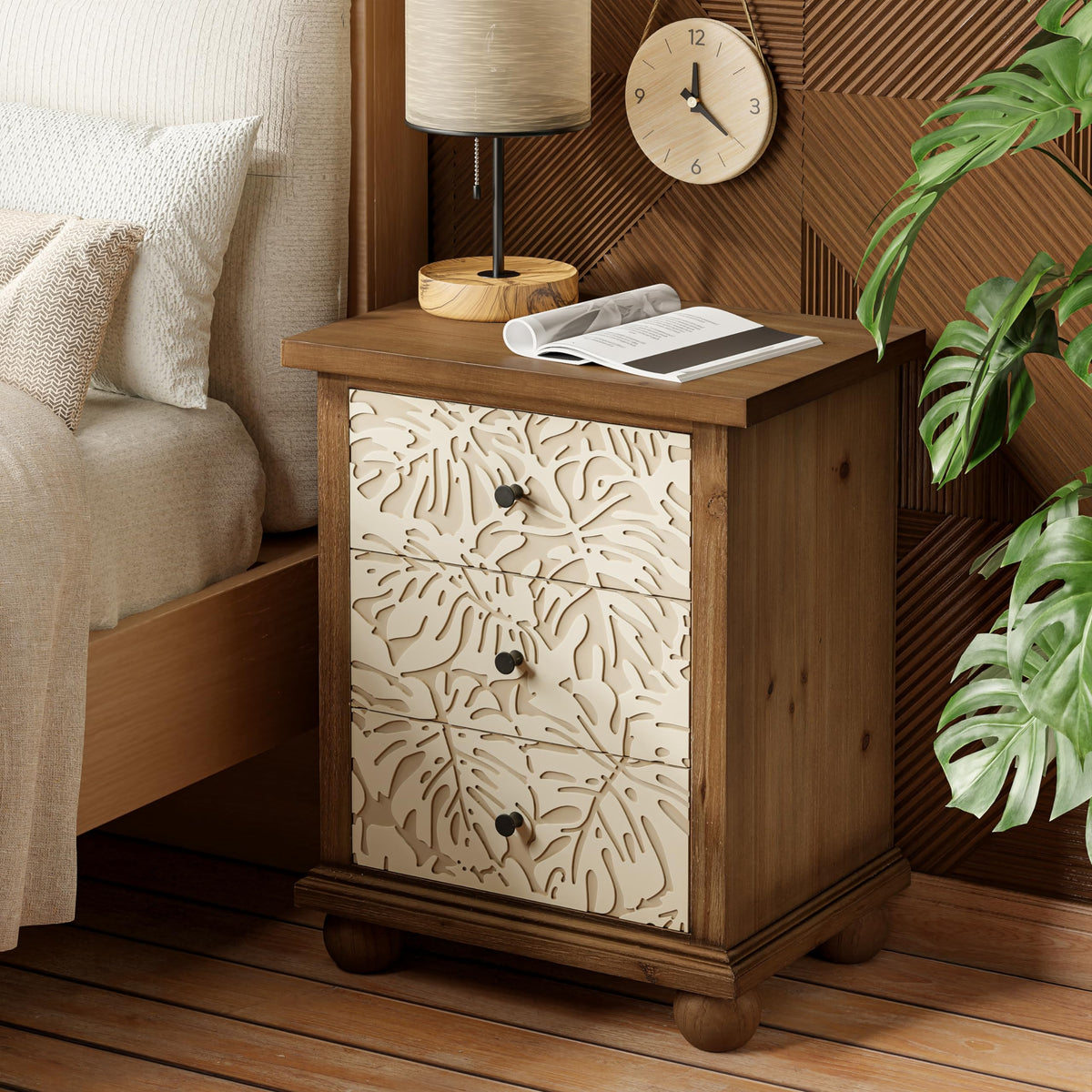 Rustic 3-Drawer Nightstand with Leaves Pattern Carved Z306