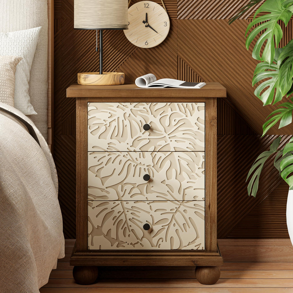 Rustic 3-Drawer Nightstand with Leaves Pattern Carved Z306