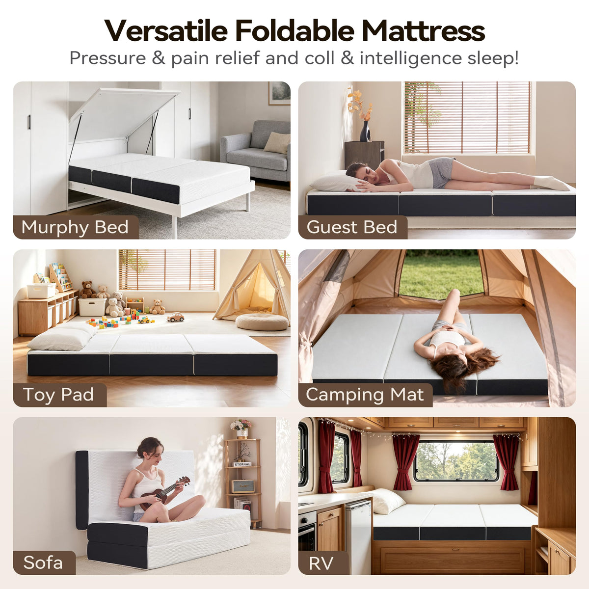 6 Inch Tri Fold Memory Foam Queen Mattress with Washable Cover J248541